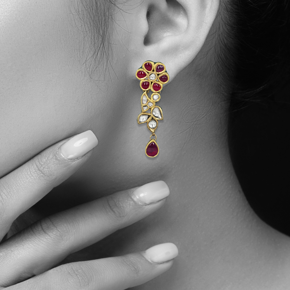 Floral Red Cabochon Earrings with Polki Diamonds and Teardrops